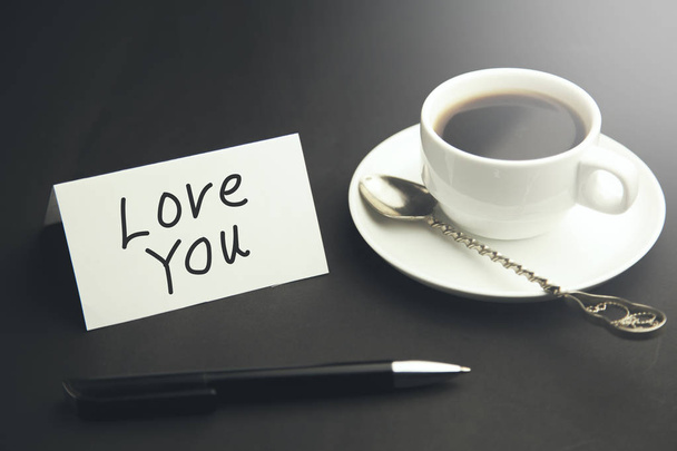  love you message and coffee on the morning at breakfast on black background - Foto, Imagen