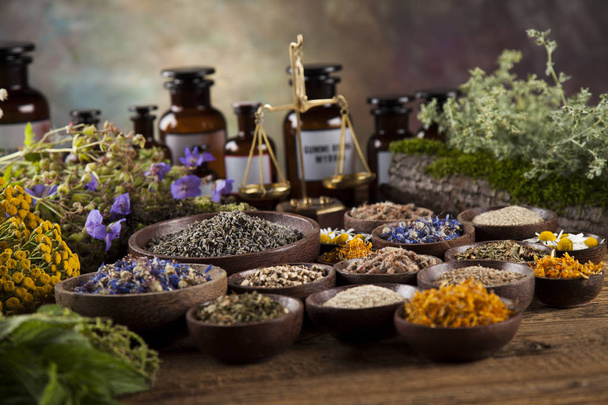 Herbal medicine on wooden desk background - Photo, Image