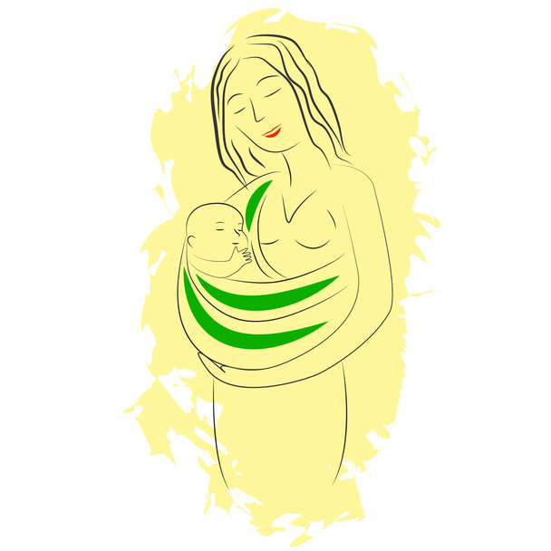 Młoda kobieta noszenia dziecka w nosidełku. Ilustracja wektorowa w stylu cartoon na żółtym tle. - Wektor, obraz