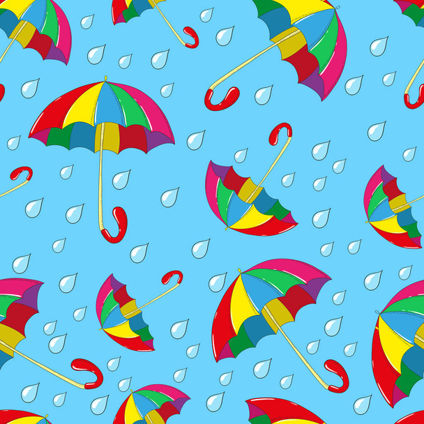 nahtloses Muster mit Regenschirmen und Tropfen - Vektor, Bild