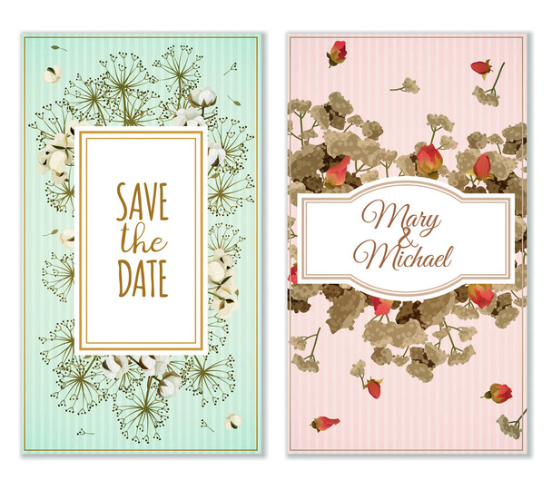 Conjunto de tarjetas de invitación con decoración de flores secas
 - Vector, Imagen