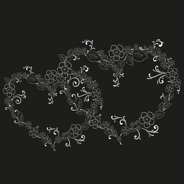 Λουλουδάτο μοτίβο. Δύο καρδιές σε μαύρο φόντο - Διάνυσμα, εικόνα