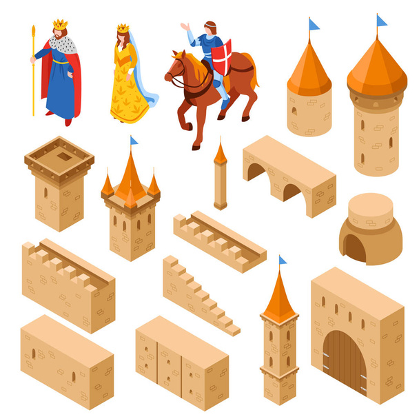 Izometryczne zestaw średniowieczny Zamek Królewski - Wektor, obraz