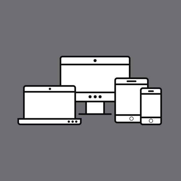 Iconos de dispositivos múltiples: teléfono inteligente, tableta, computadora portátil y compu de escritorio
 - Vector, Imagen