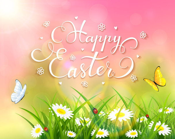 Easter theme with grass and flowers on pink background - Vektor, kép