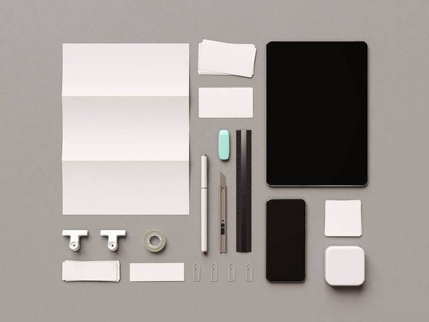 Branding Mock Up. Office supplies, Gadgets. 3D illustration - Φωτογραφία, εικόνα