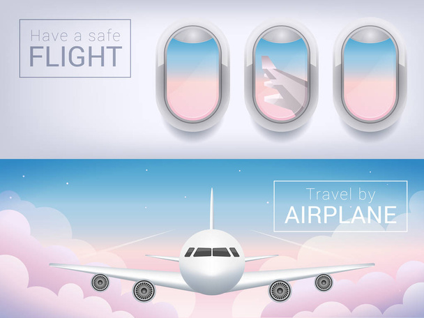 repülőgépen ablak, a turisztikai banner. Utasszállító repülőgép az égen a felhők, biztonságos repülésre az égen - Vektor, kép