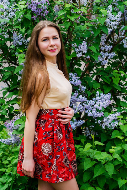 Красивая девушка с позой в саду против цветущей сирени
. - Фото, изображение