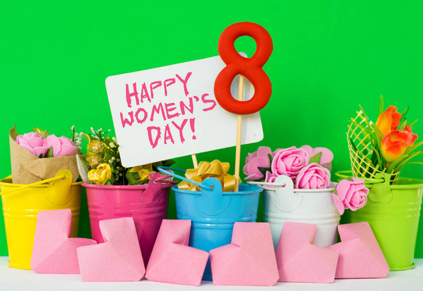 Happy Women's Day Card. celebrate 8 March, lollipop shape figure eight 8, note for text, flowers in colored buckets. - Fotó, kép