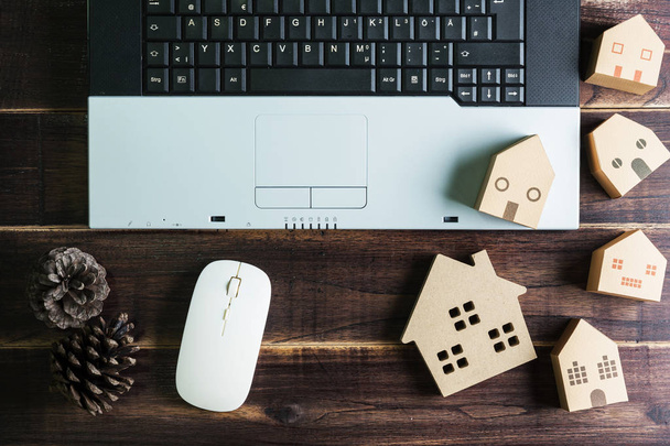 Top view of office stuff with laptop wireless mouse and Wooden h - Фото, изображение