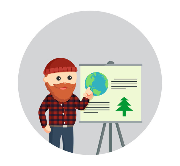 fat lumberjack giving presentation about logging in circle background - Vecteur, image