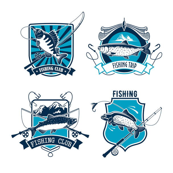 Fishing sport club emblem with fish and rod - Διάνυσμα, εικόνα