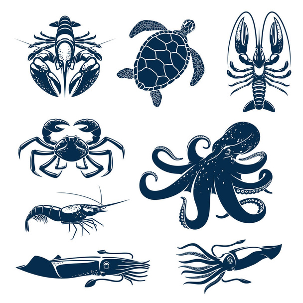 Mariscos, conjunto de iconos de animales marinos para el diseño de alimentos
 - Vector, Imagen