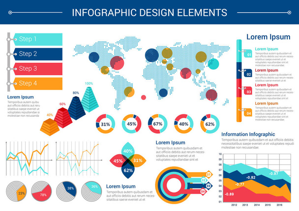 Infographic στοιχεία σχεδίου με παγκόσμιο χάρτη, γραφήματα - Διάνυσμα, εικόνα