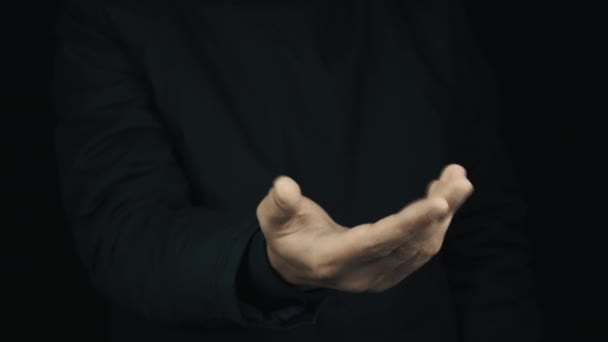 Male hand in long sleeve jacket impatiently gesturing, get money, count it - Video, Çekim