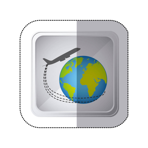 sticker zilveren vierkante knop met vliegtuig rond de aarde wereld - Vector, afbeelding