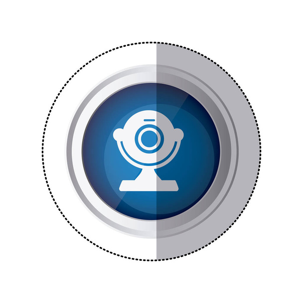 sticker blauwe ronde knop met silhouet webcam geïnformatiseerde voorziening - Vector, afbeelding