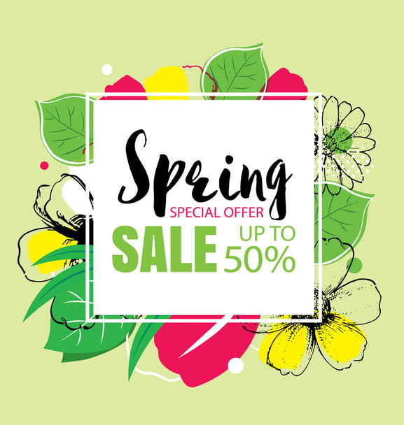Spring sale banner template with colorful flower. - Vector, imagen