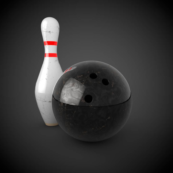 zwarte bowling bal en verwarmd - Foto, afbeelding