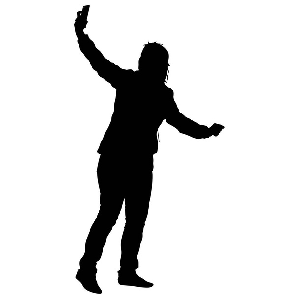 Silhouettes woman taking selfie with smartphone on white background. Vector illustration - Vektör, Görsel