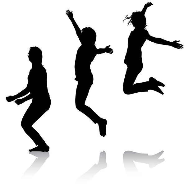 Silhouette von drei jungen Mädchen, die mit erhobenen Händen springen, Bewegung. Vektorillustration - Vektor, Bild