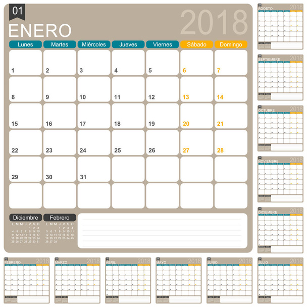 Ισπανικά ημερολόγιο 2018 - Διάνυσμα, εικόνα
