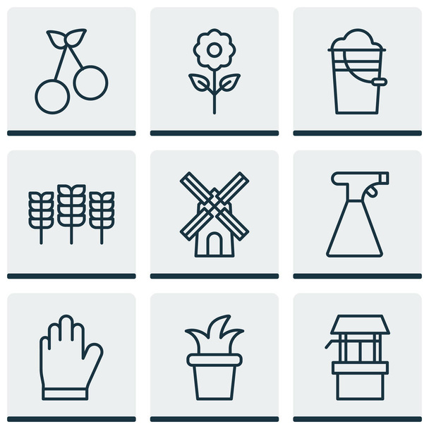 Набор из 9 икон фермы. Includes Protection Mitt, Bush Pot, Bucket and Other Symbols. Элементы дизайна
. - Вектор,изображение