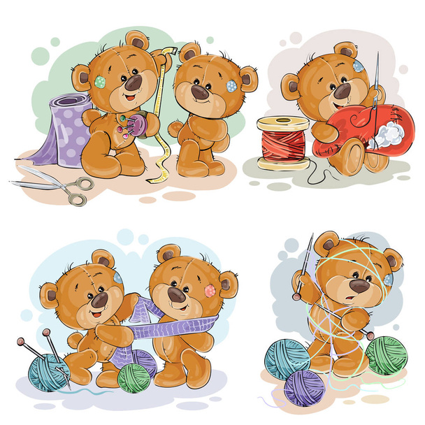 Set of vector clip art illustrations of teddy bears and their hand maid hobby - Vektor, Bild