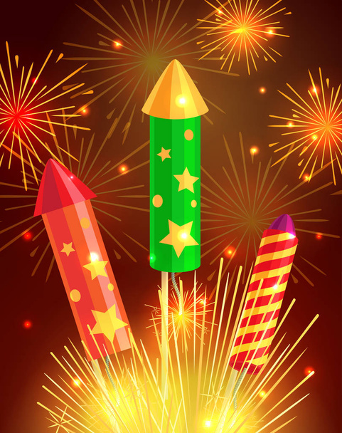 Foguetes explosivos coloridos no fundo brilhante
 - Vetor, Imagem