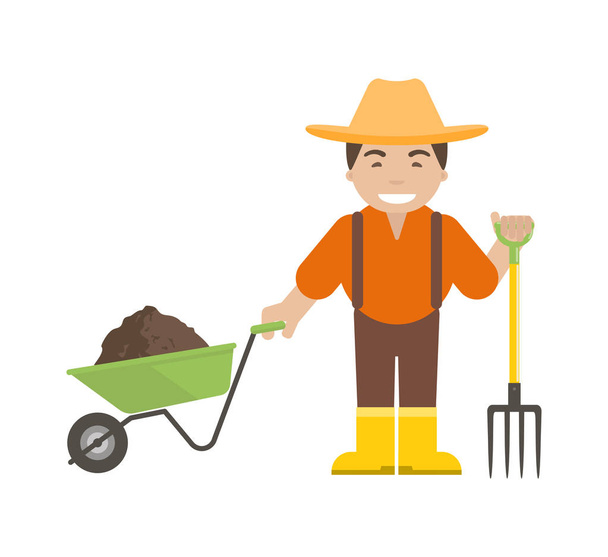 Agricultor o jardinero sosteniendo una horca y una carretilla
 - Vector, imagen