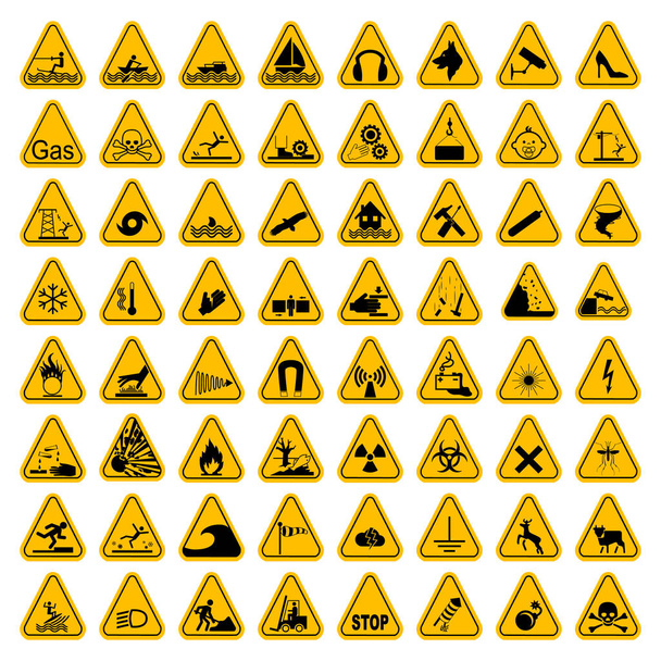 Попередження Набір знаків трикутника небезпеки. Векторні ілюстрації. Жовті символи ізольовані на білому
 - Вектор, зображення