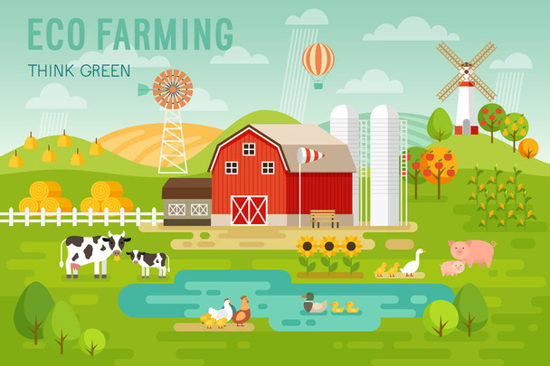 Eco Farming concept with house and farm animals. - Wektor, obraz