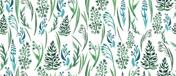 Spring bright beautiful gentle graphic herbal floral pattern of green grass pattern watercolor hand illustration - Photo, image