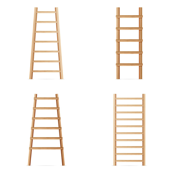 Wooden Step Ladder. Vector Set Of Various Ladders. Classic Staircase Isolated On White Background. Realistic Illustration. - Vector, Image