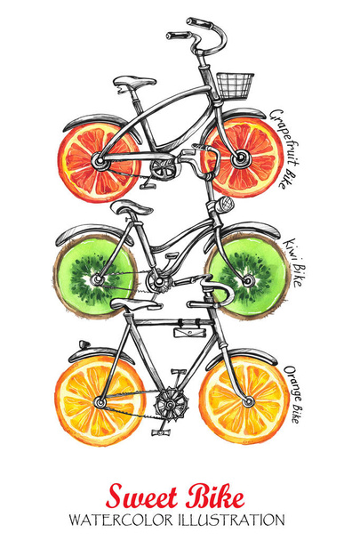 bicycles with fresh fruits wheels - Fotoğraf, Görsel