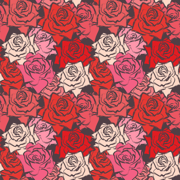 Seamless pattern with hand drawn roses in beautiful modern colors. Vector illustration - Vector, Image