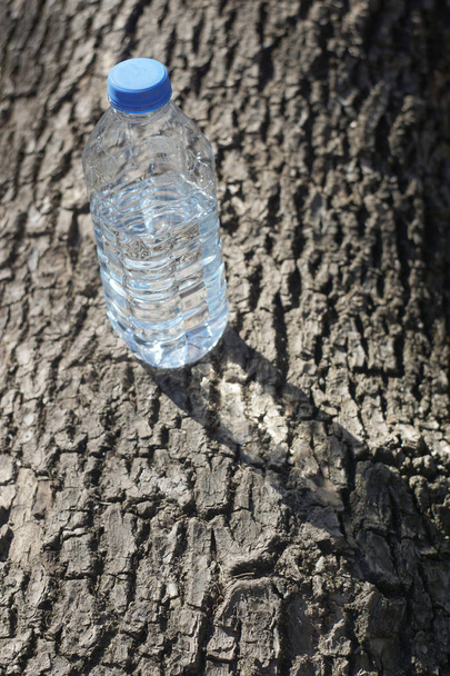 Bouteille d'eau sur un fond d'écorce d'arbre
 - Photo, image