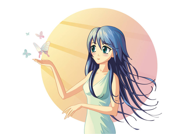Anime meisje met vlinders - Vector, afbeelding