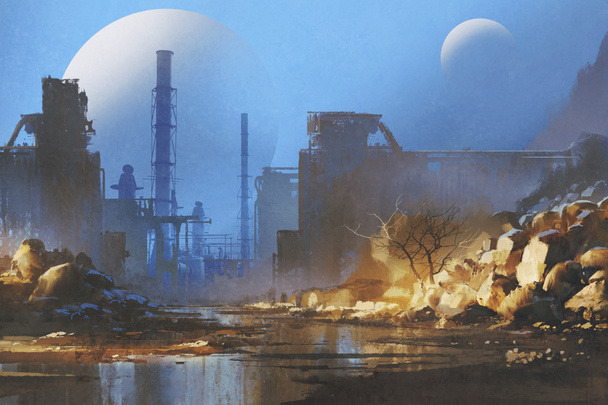 edificios industriales abandonados con planetas en el cielo
 - Foto, Imagen