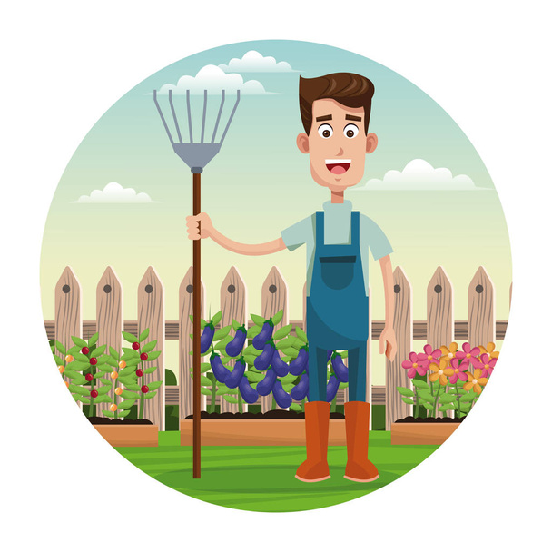 roztomilý farmář kombinézy a vidle zahradní plot - Vektor, obrázek