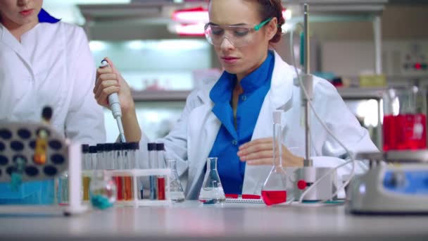 Kémia labor diák. Fiatal kémiai tudós dolgozik vegyi folyadék - Felvétel, videó