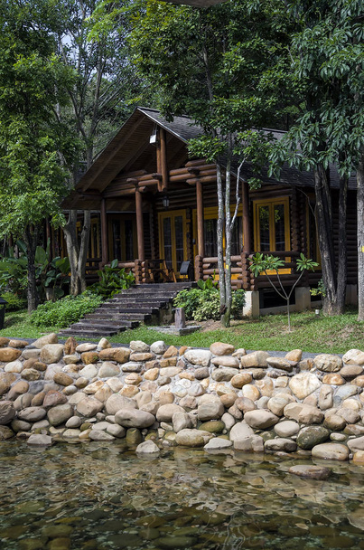 Log house - Casa de madeira aconchegante entre o ambiente verde
. - Foto, Imagem