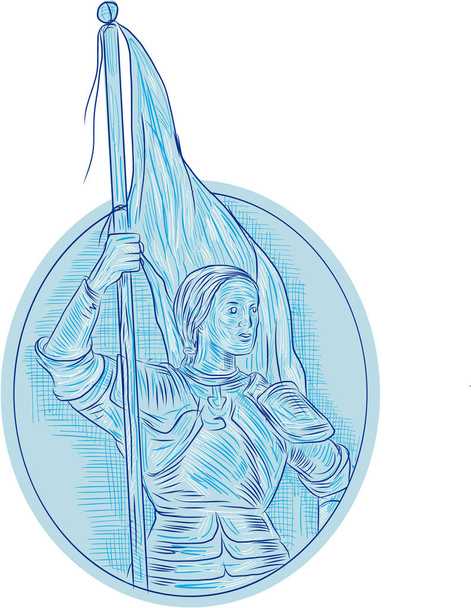 joan of arc holding flag ovale Zeichnung - Vektor, Bild