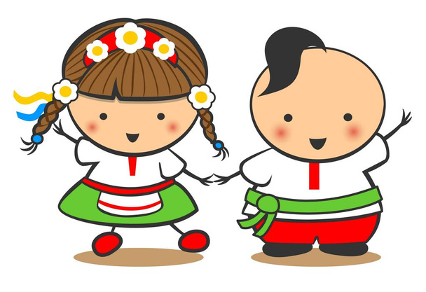 Danza de niño y niña dibujados a mano sobre un fondo blanco, Cartoon Doodle. Ucrania
 - Vector, imagen