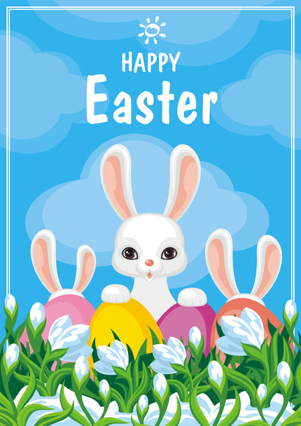 Easter bunnies and snowdrops - Vector, Image