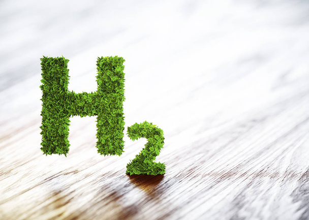 Zöld hidrogén elem jele a homályos fa háttér. 3D-s illusztráció. - Fotó, kép