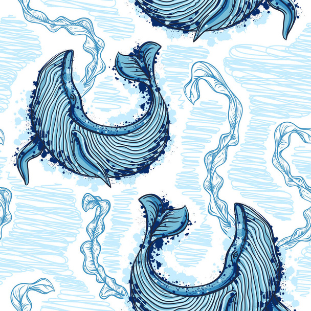 Padrão sem costura com baleia, plantas marinhas e algas.Vintage mão desenhada ilustração vetorial
 - Vetor, Imagem
