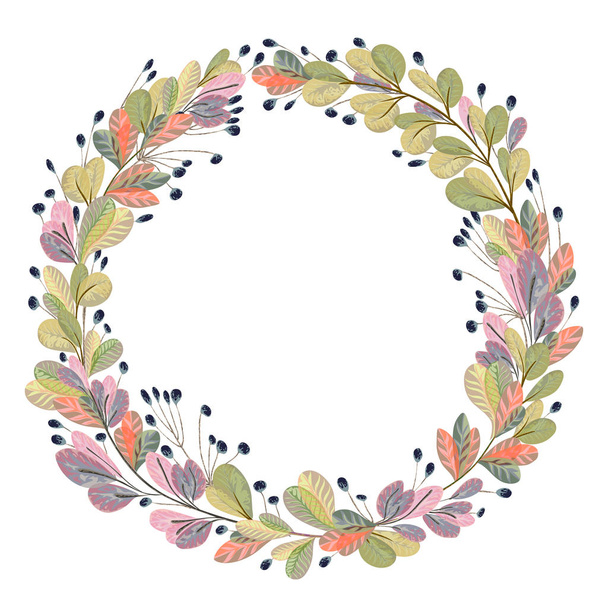 Wreath with fantasy plants and leaves. Decorative floral design elements for invitation, wedding or greeting cards. Hand drawn vector illustration in watercolor style - Vektori, kuva