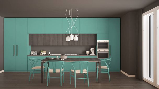 Moderní minimálně tyrkysová kuchyň s dřevěnou podlahou, klasická inte - Fotografie, Obrázek