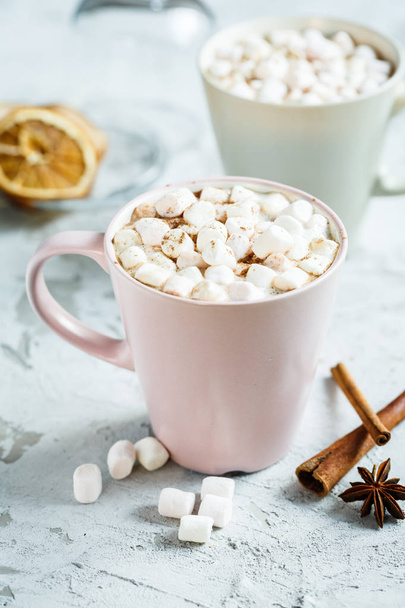 flavored cocoa with marshmallows with cinnamon - Fotoğraf, Görsel